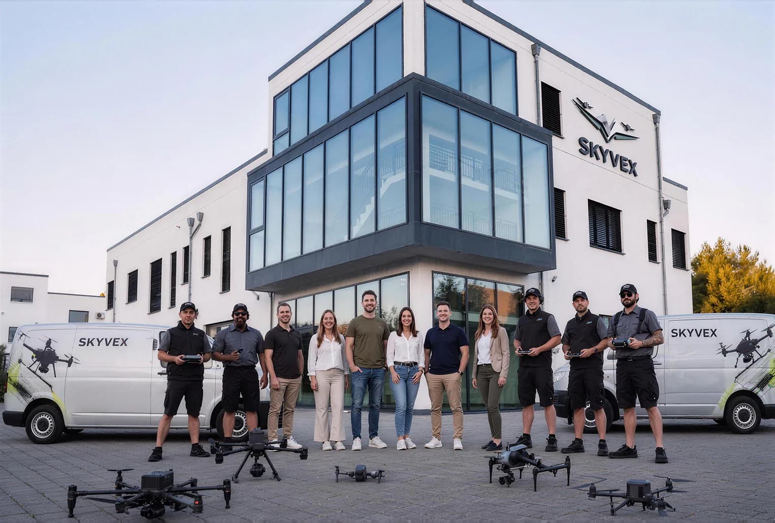 Das Skyvex-Team mit seiner Drohnenflotte vor der Firmenzentrale in Landau in der Pfalz